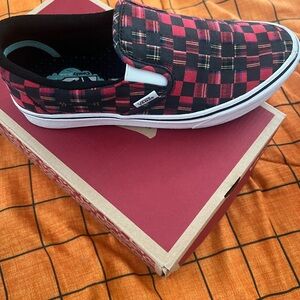 Vans Red and Black Plaid Men's Slip-On Shoes